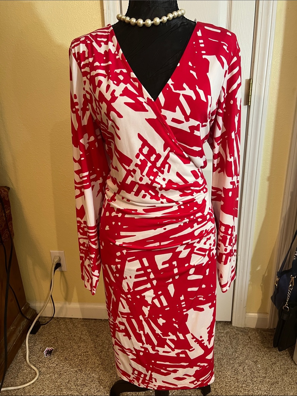 Calvin Klein Red and White Abstract Long-Sleeve Wrap Dress